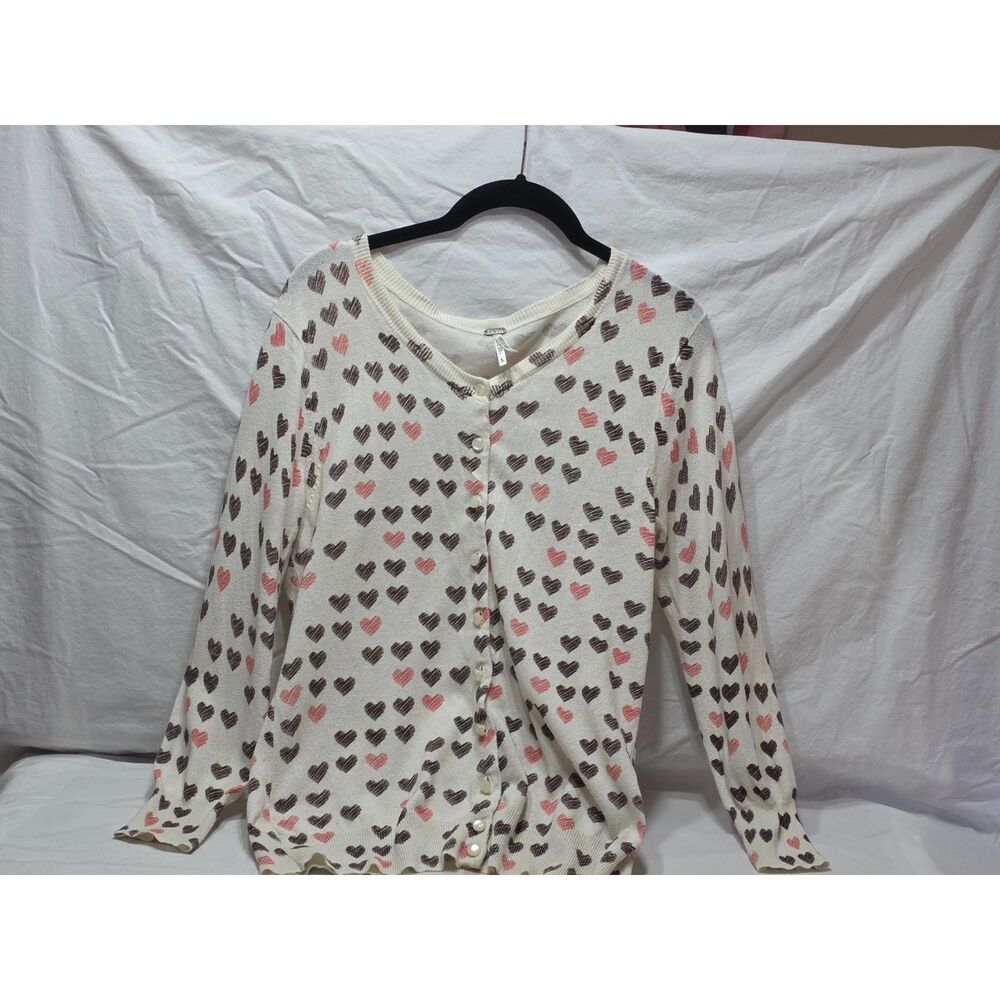 Kirra Cotton Cashmere Heart Print Cardigan Sweater Button Front V-Neck Size L